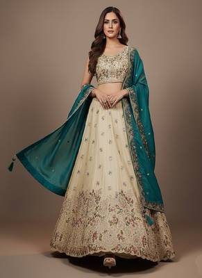 Off White Embroidery Tissue Lehenga Choli with Dupatta 3