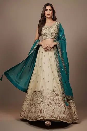 Off White Embroidery Tissue Lehenga Choli with Dupatta