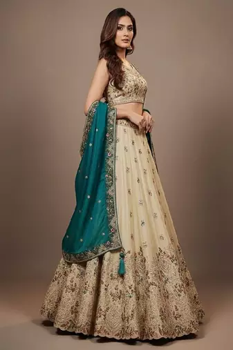 Off White Embroidery Tissue Lehenga Choli with Dupatta