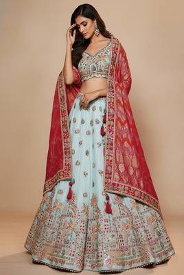 Sky Blue Embroidery Tissue Lehenga Choli with Dupatta 1