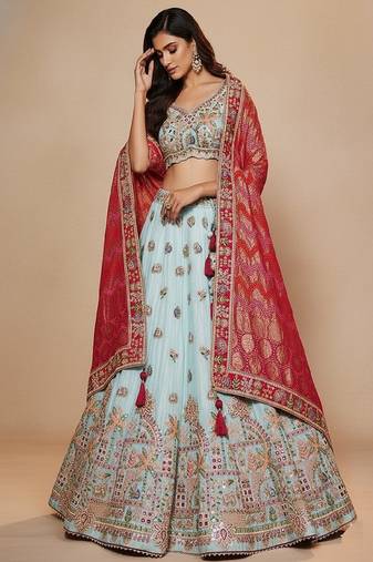 Sky Blue Embroidery Tissue Lehenga Choli with Dupatta