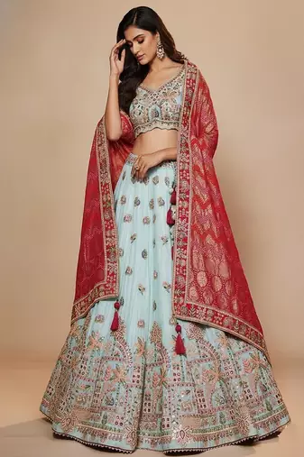 Sky Blue Embroidery Tissue Lehenga Choli with Dupatta