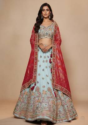 Sky Blue Embroidery Tissue Lehenga Choli with Dupatta 2