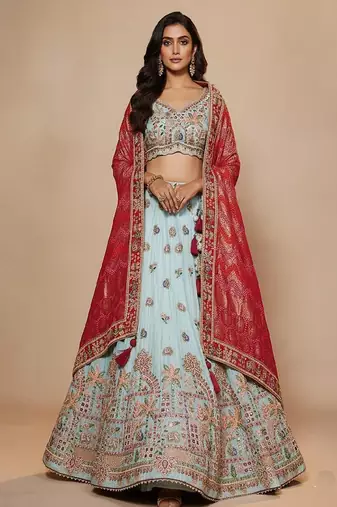 Sky Blue Embroidery Tissue Lehenga Choli with Dupatta