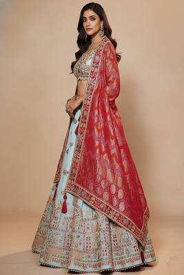 Sky Blue Embroidery Tissue Lehenga Choli with Dupatta 3