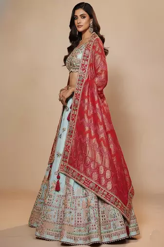 Sky Blue Embroidery Tissue Lehenga Choli with Dupatta