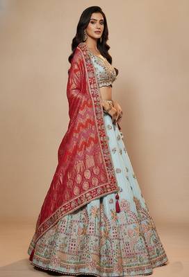 Sky Blue Embroidery Tissue Lehenga Choli with Dupatta 4