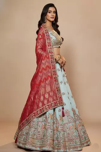 Sky Blue Embroidery Tissue Lehenga Choli with Dupatta