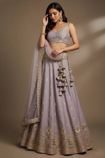 Mauve Embroidery Poly Chiffon Lehenga Choli with Dupatta