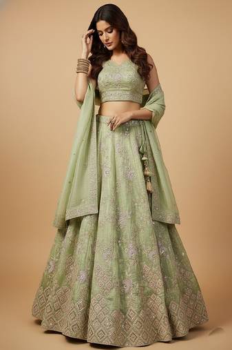Lime Green Embroidery Tissue Lehenga Choli with Dupatta