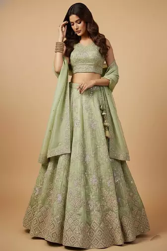 Lime Green Embroidery Tissue Lehenga Choli with Dupatta