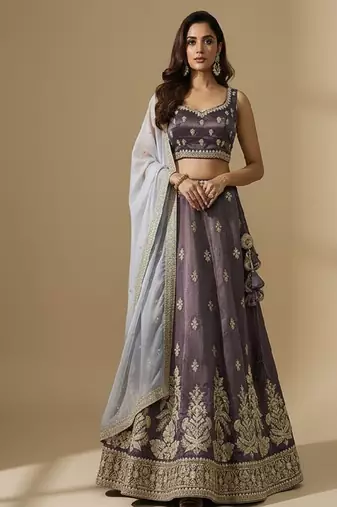 Purple Embroidery Tissue Lehenga Choli with Dupatta