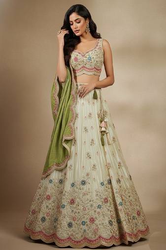 Off White Embroidery Tissue Lehenga Choli with Dupatta