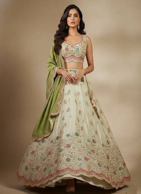 Off White Embroidery Tissue Lehenga Choli with Dupatta 2
