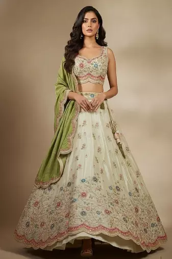 Off White Embroidery Tissue Lehenga Choli with Dupatta