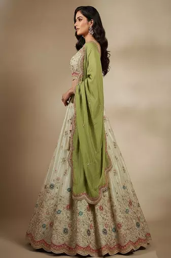 Off White Embroidery Tissue Lehenga Choli with Dupatta