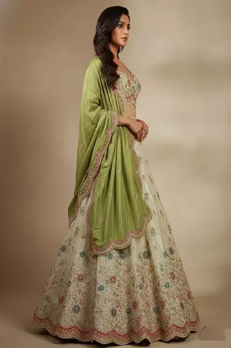 Off White Embroidery Tissue Lehenga Choli with Dupatta