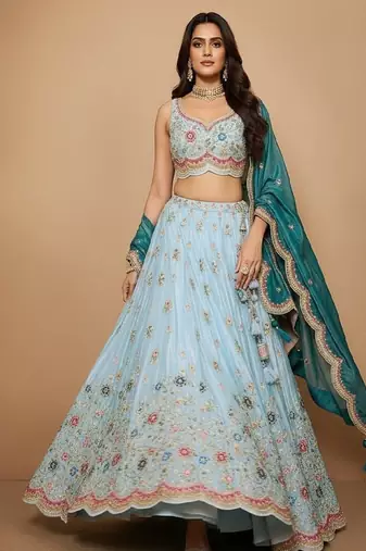 Sky Blue Embroidery Tissue Lehenga Choli with Dupatta
