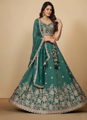 Rama Green Embroidery Tissue Lehenga Choli with Dupatta 1