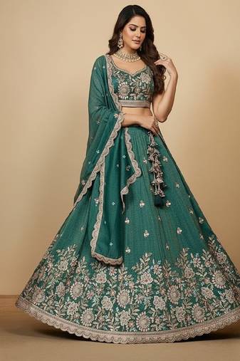 Rama Green Embroidery Tissue Lehenga Choli with Dupatta