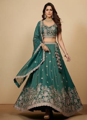 Rama Green Embroidery Tissue Lehenga Choli with Dupatta 2