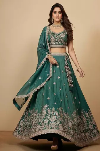 Rama Green Embroidery Tissue Lehenga Choli with Dupatta