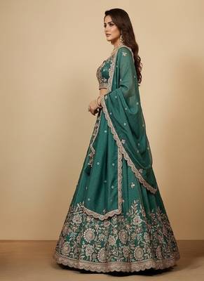 Rama Green Embroidery Tissue Lehenga Choli with Dupatta 3