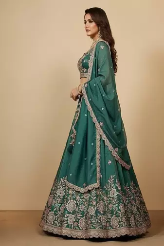 Rama Green Embroidery Tissue Lehenga Choli with Dupatta