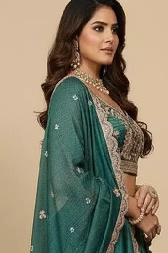 Rama Green Embroidery Tissue Lehenga Choli with Dupatta