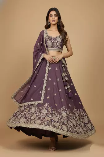Purple Embroidery Tissue Lehenga Choli with Dupatta