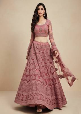 Rose Pink Cording Heavy Embroidred Net Lehenga Choli with Dupatta 1