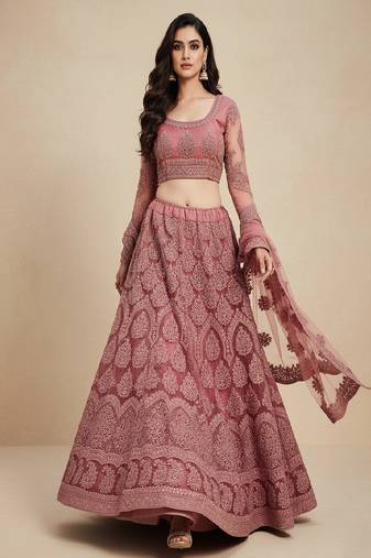 Rose Pink Cording Heavy Embroidred Net Lehenga Choli with Dupatta