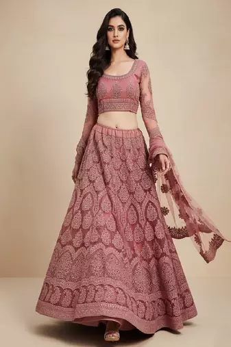 Rose Pink Cording Heavy Embroidred Net Lehenga Choli with Dupatta