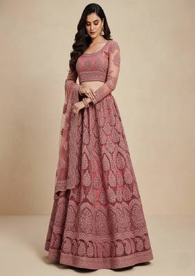 Rose Pink Cording Heavy Embroidred Net Lehenga Choli with Dupatta 2