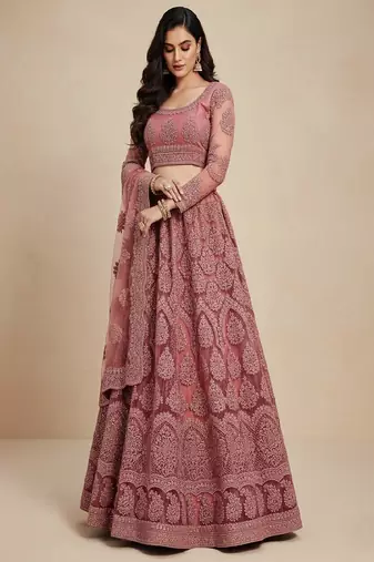 Rose Pink Cording Heavy Embroidred Net Lehenga Choli with Dupatta