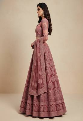 Rose Pink Cording Heavy Embroidred Net Lehenga Choli with Dupatta 3