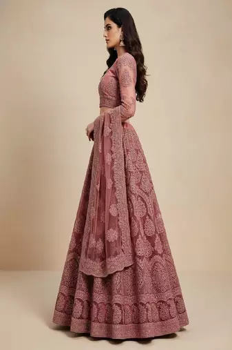 Rose Pink Cording Heavy Embroidred Net Lehenga Choli with Dupatta