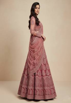 Rose Pink Cording Heavy Embroidred Net Lehenga Choli with Dupatta 4