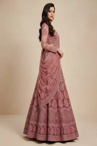 Rose Pink Cording Heavy Embroidred Net Lehenga Choli with Dupatta
