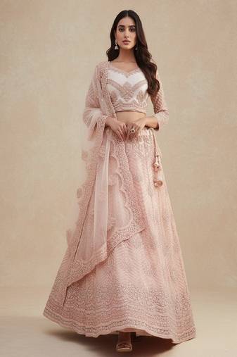 Cream Peach Cording & Thread With Stone All Over Net Lehenga Choli with Dupatta