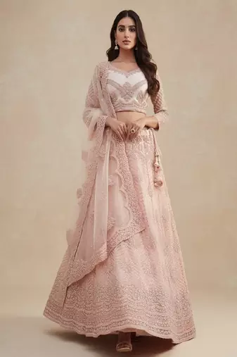 Cream Peach Cording & Thread With Stone All Over Net Lehenga Choli with Dupatta