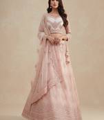 Cream Peach Cording & Thread With Stone All Over Net Lehenga Choli with Dupatta