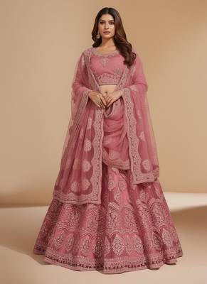 Pink Cording & Thread With Stone All Over Net Lehenga Choli with Dupatta 1