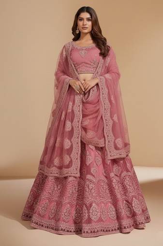 Pink Cording & Thread With Stone All Over Net Lehenga Choli with Dupatta