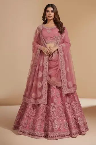 Pink Cording & Thread With Stone All Over Net Lehenga Choli with Dupatta