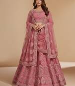 Pink Cording & Thread With Stone All Over Net Lehenga Choli with Dupatta