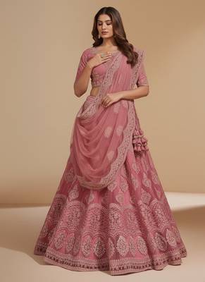 Pink Cording & Thread With Stone All Over Net Lehenga Choli with Dupatta 2