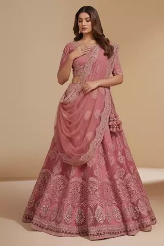 Pink Cording & Thread With Stone All Over Net Lehenga Choli with Dupatta