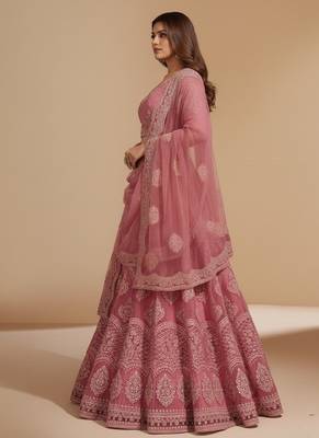 Pink Cording & Thread With Stone All Over Net Lehenga Choli with Dupatta 3