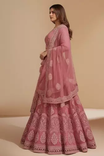 Pink Cording & Thread With Stone All Over Net Lehenga Choli with Dupatta
